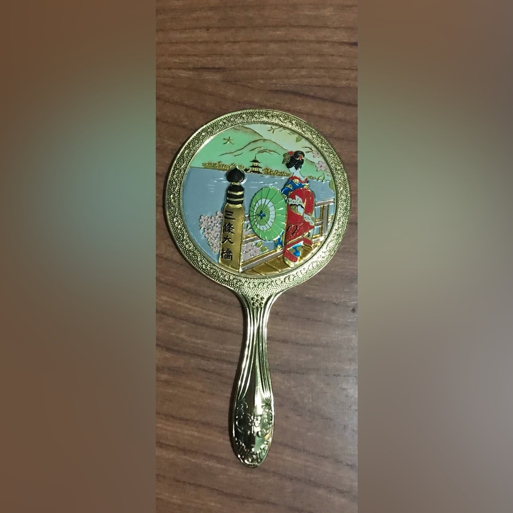 Gold Handheld Mirror With Japanese Art